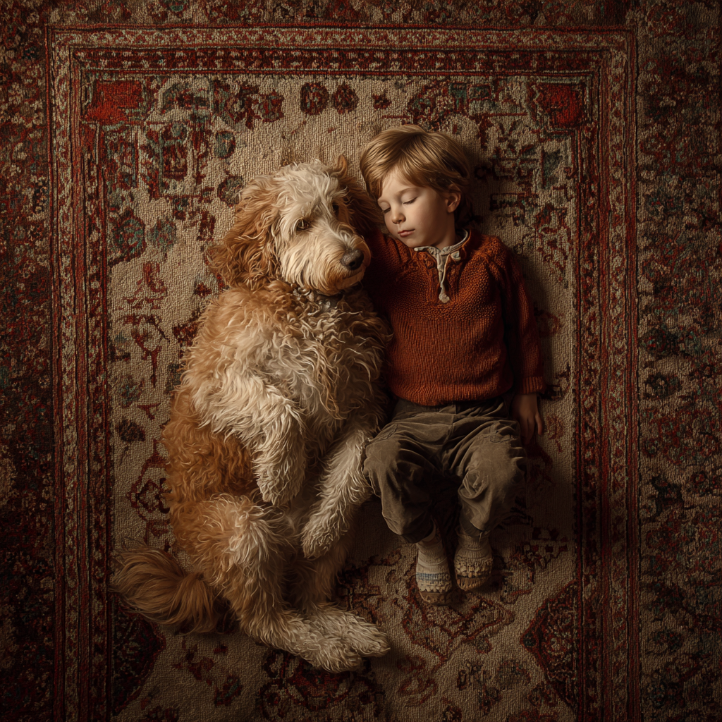 Child and dog relaxing on a freshly cleaned carpet